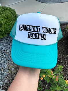 "Current Mood: Tequila" design direct-to-film printed on a Jade & White Otto brand foam trucker hat. The perfect accessory to make a bold statement! Ships within 3-5 business days. Funny Letter Print Trucker Hat For Streetwear, Funny Adjustable Trucker Hat For Streetwear, Funny White Trucker Hat With Letter Print, Fun Trucker Hat With Letter Print And Flat Bill, Novelty Letter Print Snapback Hat, Funny Summer Snapback Trucker Hat, Novelty Trucker Hat With Letter Print And Curved Brim, Funny Snapback Trucker Hat For Summer, Novelty Trucker Hat With Letter Print And Flat Bill