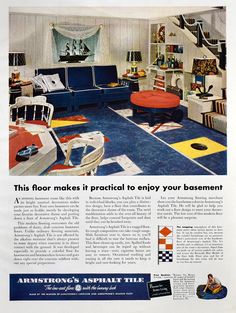 an advertisement for the american's asphalt tile company, featuring a living room with blue carpet and white walls