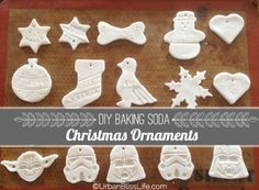 star wars christmas ornaments made out of fondant on a baking sheet with text overlay reading diy baking soda christmas ornaments