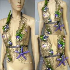 three pictures of a mannequin with flowers on it's chest and purple ribbon