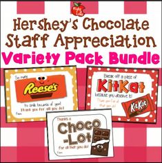 the hershey's chocolate starf appreciation variety pack bundle is shown in three different colors