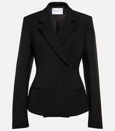 Virgin wool blazer in black - Alaia | Mytheresa Business Wool Blazer With Concealed Front Fastening, Wool Business Blazer With Concealed Front Fastening, Wool Blazer With Concealed Front Fastening For Business, Wool Blazer With Concealed Front Fastening For Work, Notch Lapel Blazer With Concealed Front Fastening, Elegant Blazer With Notch Lapel And Concealed Fastening, Wool Blazer With Concealed Front Fastening And Lapel Collar, Tailored Blazer With Concealed Front Fastening, Formal Structured Blazer With Concealed Front Fastening