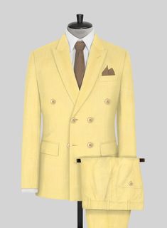 A bold take on wool suits, our Napolean Yellow Wool suit style helps create a slender silhouette while also remaining comfortable and versatile. Crafted from wool blend, the yellow hue adds a certain air of imagination and fun to the whole piece while still looking cool and masculine. Pair it with a white shirt and tanned shoes for a dapper finish.   Look Includes  Napolean Yellow Wool Fabric  Double Breasted Jacket Style  Peak Lapel  Corozo Beige Buttons  Single Vent  Three Cuff Buttons  Two Welted Back Pockets on Trousers    You can change the look during customization if required.   Super 140's Wool. Lining: Viscose; Dry Clean. Formal Yellow Suits With Notch Lapel, Elegant Yellow Suits With Notch Lapel, Elegant Yellow Notch Lapel Suits, Luxury Yellow Semi-formal Suits, Classic Yellow Notch Lapel Suits, Wool Suits, Peak Lapel, Three Piece Suit, Double Breasted Jacket