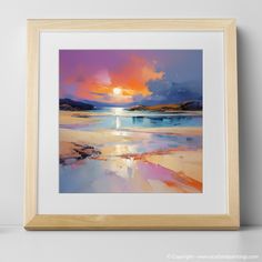 a painting of a sunset on the beach with water reflecting off it's surface