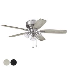 a ceiling fan with three light bulbs and two shades of gray on the blades,