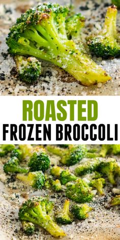 roasted frozen broccoli on a baking sheet with text overlay that reads roasted frozen broccoli