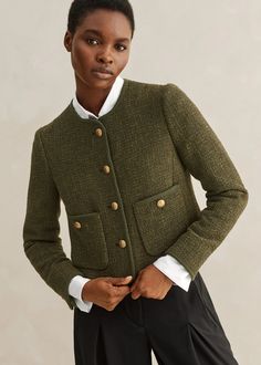 In soft olive, ME+EM's Green Military Button Bouclé Crop Jacket slowly introduces fall-leaning colors to your closet and complements styling with casual and more considered pieces alike. Designed to effortlessly slot in alongside high waistlines and dress Cropped Jacket Outfit, Autumn Olive, Ladies Coat Design, Black And Khaki, Bracelet Sleeve, Collarless Jacket, Trim Jacket