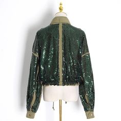 SK Sequin Bomber Jacket - Shop Kpellé Drawstring Coat, Sequin Coats, Leather Pleated Skirt, Sequin Jacket, Cold Shoulder Long Sleeve, Long Sleeve Sequin, Green Sequins, Womens Turtleneck, Long Sleeve Jumpsuit