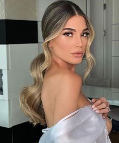 Bridesmaid Hair Slick Down, Classy Bridesmaid Hairstyles, Hollywood Glam Bridesmaid Hair, Veil With Ponytail Bridal Hairstyles, Bridal Updo Strapless Dress, Hairdo For High Neckline Dress, Wedding Rehearsal Hairstyles, Classy Bride Hairstyles, Timeless Hairstyles Classy