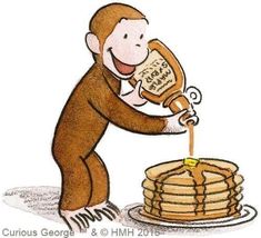 a drawing of a monkey pouring honey onto a stack of pancakes