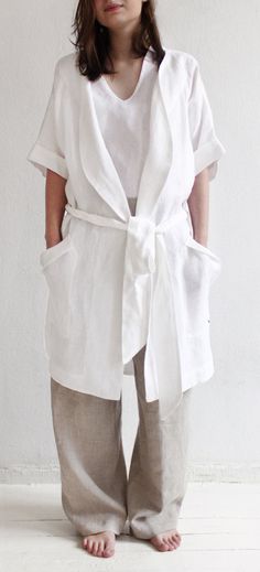 Linen dressing gown by Lovely Home Idea. Stonewashed white linen bathrobe. White V-neck Robe For Spring, Elegant Linen Summer Robe, Elegant Summer Linen Robe, White V-neck Summer Robe, Summer Sleep Robe In Wrap Style, Spring Linen Loungewear Robe, Summer Linen Loungewear Robe, Summer Linen Robe For Loungewear, Summer Linen Robe With Relaxed Fit