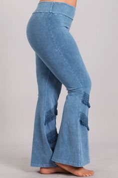 🍂 Just in Time for The Fall!🍁 Mineral washed bell bottom pants with double fringed crochet lace and banded waist. Each item is hand-dyed for its unique character and american vintage laundered look, should expect variations in color and finishing. USA made Cotton/Spandex 93/7 Jersey Proudly made in the USA Stay Sexy! Non-stretch Denim Blue Bohemian Jeans, Non-stretch Bohemian Denim Blue Jeans, Non-stretch Bohemian Jeans In Denim Blue, Bohemian Mid-rise Flare Jeans For Spring, Bohemian High-waist Denim Blue Pants, Bohemian High Waist Denim Blue Pants, Bohemian Mid-rise Cotton Flare Jeans, Denim Bottoms For Fall Festivals, Bohemian Non-stretch Denim Jeans