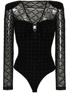 NISSA glitter-detailed Bodysuit - Farfetch Bodysuit Black, Just A Reminder, Mesh Design, Jersey Shirt, High End Fashion, Black Bodysuit, Black Mesh, Dream Wardrobe, Girls Night