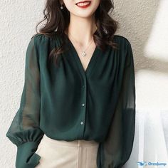 Orcajump - Retro Minimalist Long Sleeve Chiffon Blouse with Mandarin Collar Chiffon Shirt, V Neck Blouse, Chiffon Blouse, Mandarin Collar, Types Of Collars, Types Of Sleeves, Chiffon, Sleeve Length, V Neck