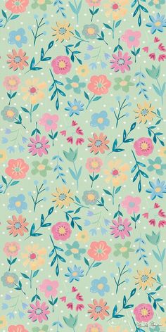 a green background with colorful flowers and dots on the bottom right corner is an image of a flowery pattern in pastel colors