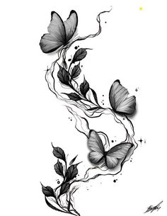 a black and white drawing of two butterflies