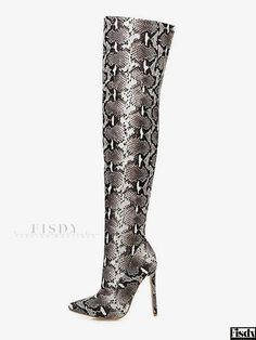 Fisdy - High-End Womens Thigh-High Boots with Sophisticated Snake Print, Pointed Toe, and Elegant Stiletto Heel Design Stiletto Heel Boots, Pattern Snake, Thigh High Stiletto Boots, Womens Thigh High Boots, Bright Heels, High Fashion Women, Stiletto Boots, Boot Print, Estilo Chic