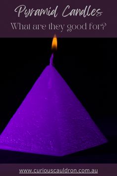 a purple candle with the words pyramid candles what are they good for? on it