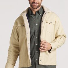 Reminiscent of the Wild West and simpler times, the Daggett County Washed Twill Jacket features a snap button closure and angled pockets to keep your hands warm during the fall and winter months. This classic jacket is perfectly designed to layer with our long sleeve pocket tees and classic stretch chino pants for a rugged look that doesn't sacrifice comfort. 100% Cotton Washed Twill 100% Polyester Fleece Liner Snap Button Closure Angled Side Pockets Model Pictured is Wearing Medium Winter Button-up Outdoor Outerwear, Button-up Outerwear For Cold Weather, Winter Utility Jacket With Button Closure For Everyday, Everyday Winter Utility Jacket With Button Closure, Winter Cotton Outerwear With Button Closure, Beige Winter Outerwear With Snap Buttons, Beige Outerwear With Button Closure For Cold Weather, Classic Cotton Outerwear With Fleece Lining, Classic Winter Cotton Outerwear