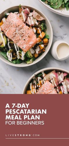 three bowls filled with salad and salmon on top of a white countertop, the title reads