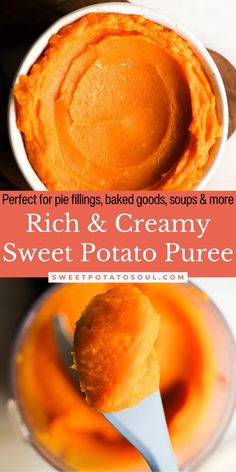 sweet potato puree in a white bowl with spoon and text overlay that reads, rich & creamy sweet potato puree