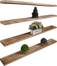 three wooden shelves with plants and statues on them