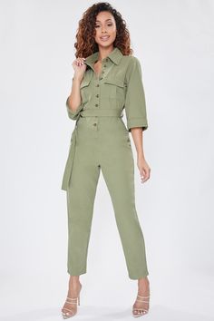 Junior Secrets Button Up Jumpsuit Js9903 Collared Jumpsuits And Rompers With Pockets, Chic Workwear Jumpsuits And Rompers With Belt Loops, Khaki Utility Overalls For Workwear, Utility Jumpsuits And Rompers For Workwear, Fitted Utility Jumpsuits And Rompers, Fitted Belted Jumpsuits And Rompers For Work, Fitted Utility Jumpsuit With Pockets, Utility Style Jumpsuits And Rompers With Buttons For Fall, Chic Workwear Jumpsuits And Rompers With Belted Cuffs