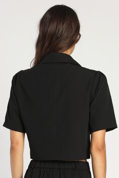 No matter what type of event you RSVP to, look the most stylish with the Lulus Posh Company Black Cropped Short Sleeve Blazer! Sleek woven fabric shapes this blazer with a collared neckline, notched lapels, and short sleeves. A wide-cut bodice boasts a decorative welt pocket and a single covered button closure before ending at a seamed cropped hem. Pair with the matching pants for a complete look! Fit: This garment fits true to size. Length: Above mid-thigh. Size medium measures 18" from shoulde Matching Pants, What Type, Black Crop, Covered Buttons, Welt Pocket, Woven Fabric, Chef's Jackets, To Look, Bodice