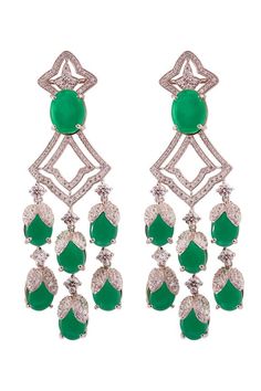 925 silver, white plated floral earrings studded with round clear and green cabochon stone drops. - Aza Fashions Luxury Green Chandelier Earrings, Luxury Green Dangle Earrings, Luxury Green Dangle Chandelier Earrings, Luxury Green Bridal Earrings, Green Diamond Chandelier Drop Earrings, Luxury Green Teardrop Earrings, Luxury Green Hand-set Earrings, Luxury Green Chandelier Earrings For Wedding, Luxury Green Sterling Silver Earrings