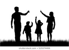 a family silhouetted against the sky with their hands up in the air and pointing at something