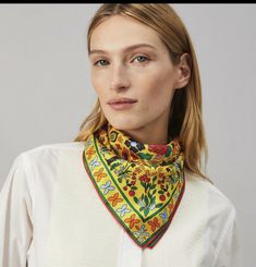 2d NWT Tory Burch folkloric reversible silk scarf 21x21 Cat Neckerchief. Spring Traditional Silk Scarf, Spring Multicolor Bandana Print Scarves, Multicolor Bandana Print Scarves For Spring, Neck Scarf, Neck Scarves, Silk Scarf, Tory Burch, Crochet Necklace, Silk