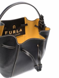 Miastella leather bucket bag from FURLA featuring black, leather, contrast stitching, internal logo patch, main compartment, drawstring fastening, single top handle and detachable shoulder strap. | Furla Miastella leather bucket bag Designer Leather Tote Bucket Bag, Designer Leather Bucket Bag For Shopping, Designer Leather Bucket Bag Tote, Black Calf Leather Top Handle Bucket Bag, Designer Black Bucket Bag With Double Handle, Leather-lined Bucket Bag For Shopping, Leather Lined Bucket Bag For Shopping, Calf Leather Bucket Bag For Shopping, Leather Handle Bucket Bag For Work