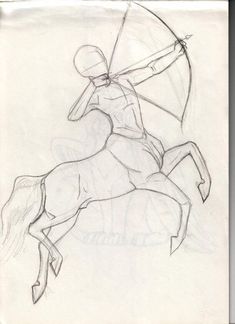 a drawing of a man riding on the back of a horse with an arrow in his hand