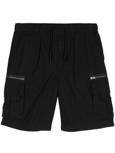 black cotton twill weave mid-rise drawstring waist slip pockets to the sides two side zip-fastening pockets two side cargo pockets two rear flap pockets knee-length Cotton Techwear Shorts With Pockets, Cotton Techwear Shorts With Multiple Pockets, Black Utility Shorts With Multiple Pockets, Techwear Cotton Shorts With Cargo Pockets, Cotton Techwear Shorts With Cargo Pockets, Techwear Cargo Shorts With Cargo Pockets, Cotton Techwear Cargo Shorts, Techwear Style Cotton Cargo Shorts, Black Utility Shorts With Hip Pockets