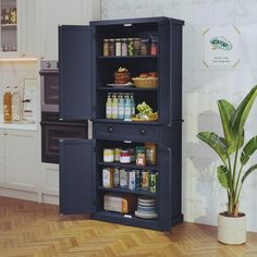 an open cabinet in the middle of a kitchen next to a potted green plant