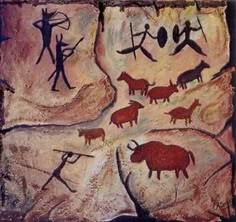 an image of cave paintings with animals and people