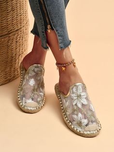 Floral Embroidery Espadrille Flat Mules | EMERY ROSE Half Slippers, Corak Bunga, Sneakers Looks, Sport Shoes Men, Summer Lace, Womens Mules, Loafer Slippers, Daily Walk, Style Upgrade