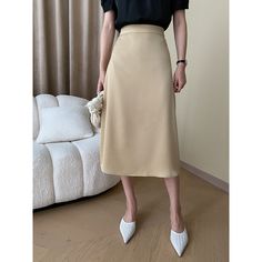 J-015-25 A Line Satin Skirt Outfit, High Waist Non-stretch Solid Color Skirt, High Waist Skirt For Office, Non-stretch High Waist Solid Color Skirt, Solid Mini Skirt For Office, Non-stretch High Waist Skirt For Office, Non-stretch High Waist Office Skirt, High Waist Non-stretch Office Skirt, Fitted Midi Skirt In Solid Color