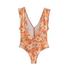 Woman Sexy Orange Print Elastic Sleeveless Bodysuits Summer Female V Neck Floral Bodysuit Ladies Backless Beach Bodysuit Retro Swim, High Cut Swimsuit, Floral Bodysuit, Orange Print, Vintage Cardigan, Sleeveless Bodysuit, Enjoying The Sun, Boho Women, Tropical Print