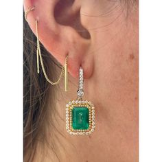 This is part of Chairish’s Fine Jewelry assortment.  7.36 Carat Total Natural Colombian Emerald and Diamond Dangle Drop Earrings.   These dangle drop earrings each feature a natural Colombian emerald, the first with a weight of 3.71 carats and the second with a weight of 3.65 carats. Each emerald earring is paired with additional double diamond halo, including round-cut white diamonds. The bezel-secured diamonds total 0.22 carats, and the emerald surrounding diamonds total 1.57 carats. Crafted f Emerald Earring, Double Diamond, 18k Gold Earrings, Colombian Emeralds, Emerald Earrings, Diamond Halo, Emerald Diamond, White Diamonds, Halo Diamond