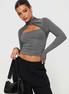 Ganz Long Sleeve Top Grey Elastane Cutout Tops For Night Out, Cutout Tops For Night Out, Night Out Cutout Tops, High Neck Elastane Tops For Night Out, High Neck Tops With Thumbholes, High Neck Tops With Thumbholes In Elastane, Party High Neck Tops, Chic Cutout Tops In Elastane, Fleece Dress