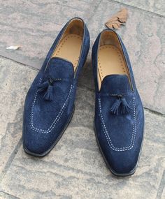 Crafted Leather Handmade Men Navy Blue Tassel Loafers Slip on Dress Shoes on Storenvy Blue Round Toe Tassel Loafers For Business, Blue Leather Sole Tassel Loafers Slip-on, Blue Tassel Loafers For Galas With Round Toe, Blue Slip-on Tassel Loafers With Leather Sole, Formal Blue Slip-on Tassel Loafers, Blue Slip-on Tassel Loafers For Formal Occasions, Elegant Blue Closed Toe Loafers, Elegant Blue Moccasins For Business, Classic Blue Tassel Loafers For Business