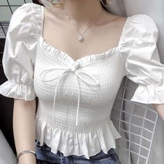 SIZE TABLEMeasurement in CMSIZELengthSleeveBustShoulderS45178835M46189236L47199637XL482010038NOTE: 1.Please strictly follow the size chart to select the size. Do not select directly according to your habits. 2. The size may have 2-3 cm differs due to manual measurement. Please note when you measure. Puffed Sleeves Top, Summer French Style, Lehenga Blouse Designs, Tailored Clothes, Fashion Top Outfits, Lace Tie, Cheap Blouses, Coachella Valley, Cropped Blouse