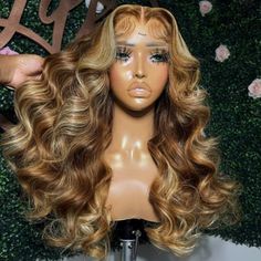 UNice Butterscotch Blonde Highlighted 13x4 Lace Front Loose Wave Wig | UNice.com Highlight Wig, Frontal Wig Hairstyles, Beautiful Human, Blonde Lace Front Wigs, Honey Blonde Hair, Frontal Hairstyles, Brown Blonde, Product Recommendations, Front Lace Wigs Human Hair