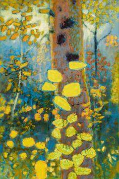 an abstract painting of yellow leaves on a tree