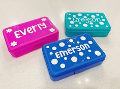 This personalized pencil box is perfect for back to school! These cute pencil cases are fun, colorful, and perfect for your little one to store their writing utensils this school year. Make this school year extra special with a unique pencil box that your child is sure to love! Details: - Available in pink, teal, and blue - 7.97" x 5.43" x 2.02" (20.24cm x 13.79cm x 5cm) - Made with permanent vinyl - Plastic Production time is typically 3-5 days but may be longer during peak times. If you need t Pink Stationery For Back To School Storage, Cute Pencil Case For Back To School, Cute Stationery For Back To School Storage, Cute Pencil Case For Back To School Organization, Rectangular Back To School Pencil Case, Cute Stationery For Back To School Organization, Cute Stationery Gift With Pen Holders, Cute Stationery With Pen Holders For Organization, Cute Stationery Pen Holders For Gifts