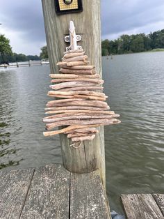 driftwood is tied to a post on the water