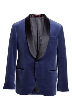 A satin shawl collar contrasts against the rich blue velveteen of a refined dinner jacket designed with welt pockets and slightly fluted sleeves. 30" length (size 50 EU) One-button closure Shawl collar Front welt pockets Nonfunctional four-button cuffs Lined 100% cotton with 50% cotton, 45% silk trim Dry clean Made in Italy Designer Clothing Classic Shawl Collar Outerwear For Evening, Classic Evening Outerwear With Shawl Collar, Velvet Tuxedo Style Evening Outerwear, Evening Velvet Outerwear With Lapel Collar, Velvet Notch Lapel Evening Outerwear, Velvet Notch Lapel Outerwear For Evening, Evening Velvet Outerwear With Notch Lapel, Classic Velvet Evening Tuxedo, Formal Velvet Outerwear With Shawl Collar