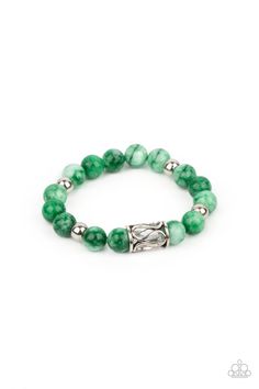 Infused with an ornate silver centerpiece, an earthy collection of silver and jade beads are threaded along a stretchy band around the wrist for a seasonal flair.

 Sold as one individual bracelet. Green Stone Bracelet, Paparazzi Accessories Jewelry, Silver Centerpiece, Stretchy Beaded Bracelet, Cats Eye Stone, Silver Frames, Paparazzi Accessories, Stretchy Bracelets, Jade Beads