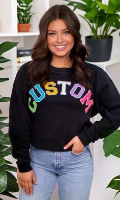 Custom made chenille letter crewneck sweatshirt. You can add a phrase, name, or initials in a variety of colors. Can be made with 2 different letter sizes: 2.1" or 3.1". Perfect gift for bridal party, bachelorette party shirts, or mother's day gift. Also great custom shirt for sports teams. Can choose from crewneck sweatshirt or short sleeve chenille t shirt.  Need this ASAP? see bottom of listing for rush order link PLEASE READ THE FOLLOWING INFO: These letters are applied with a heat press. So Trendy Crew Neck Sweatshirt With Custom Embroidery, Personalized Black Crew Neck Sweatshirt, Black Crew Neck Sweatshirt With Letter Embroidery, Trendy Sweatshirt With Custom Embroidery For Fall, Casual Black Sweatshirt With Custom Text, Personalized Crew Neck Sweatshirt For Fall, Casual Sweatshirt With Custom Text For College, Customizable Varsity Sweatshirt For Fall, Customizable Varsity Crew Neck Sweatshirt